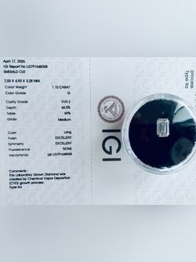1.10 CT IGI Certified Emerald Cut Lab Grown Diamond G VVS2